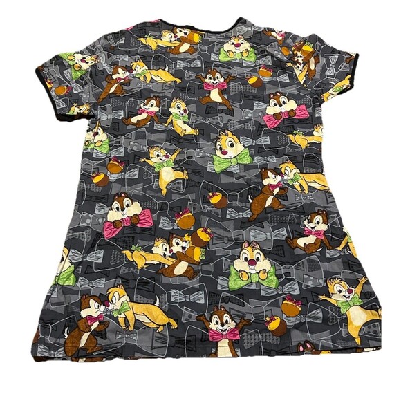 Disney Chip ‘n Dale Scrub Top Women’s Small Gray Cartoon Bow Tie Print V-Neck - Picture 6 of 6
